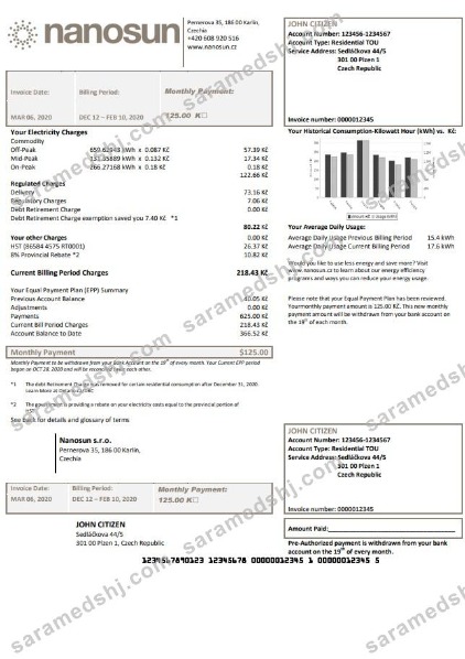 Czech Republic Nanosun s.r.o utility bill
